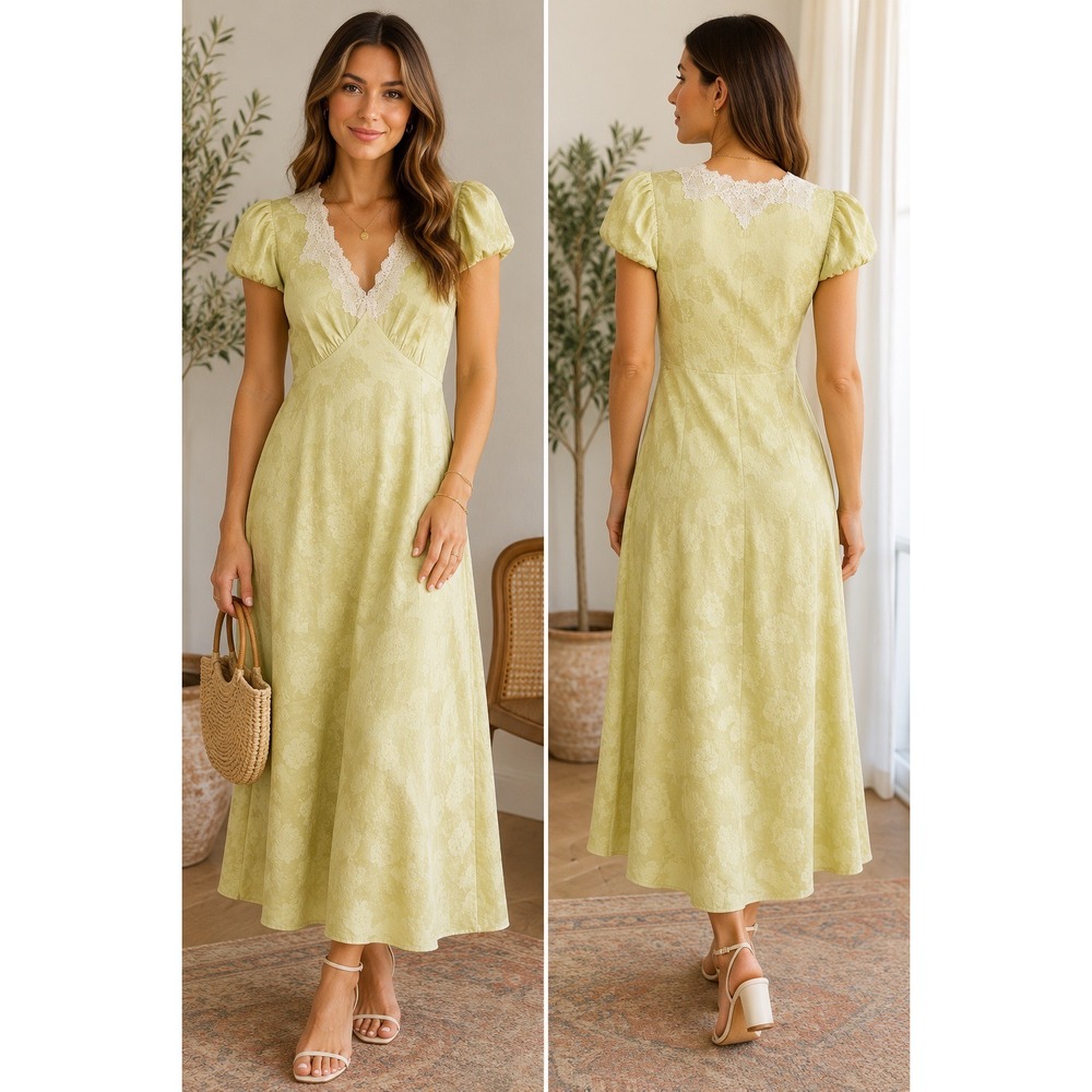 Böhme Sage Green Floral Jacquard Lace Trim Midi Dress JD10177-1BH XS NEW